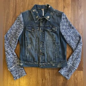 Free People Distressed Denim Jacket with Navy Knit Sleeves